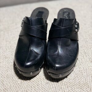 Kork-Ease Black Leather Clogs with Silver Studs